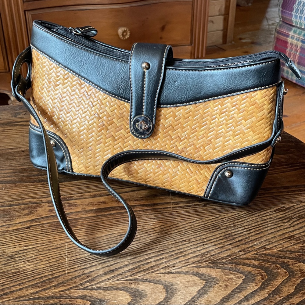 Etienne Aigner Woven Straw and Black Trim Shoulder Bag